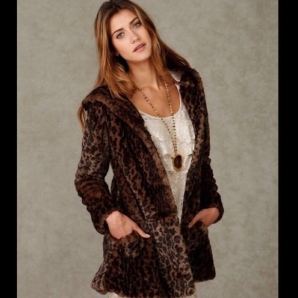 Free People Jackets & Blazers - Free People Leopard Print Faux Fur Hooded Coat